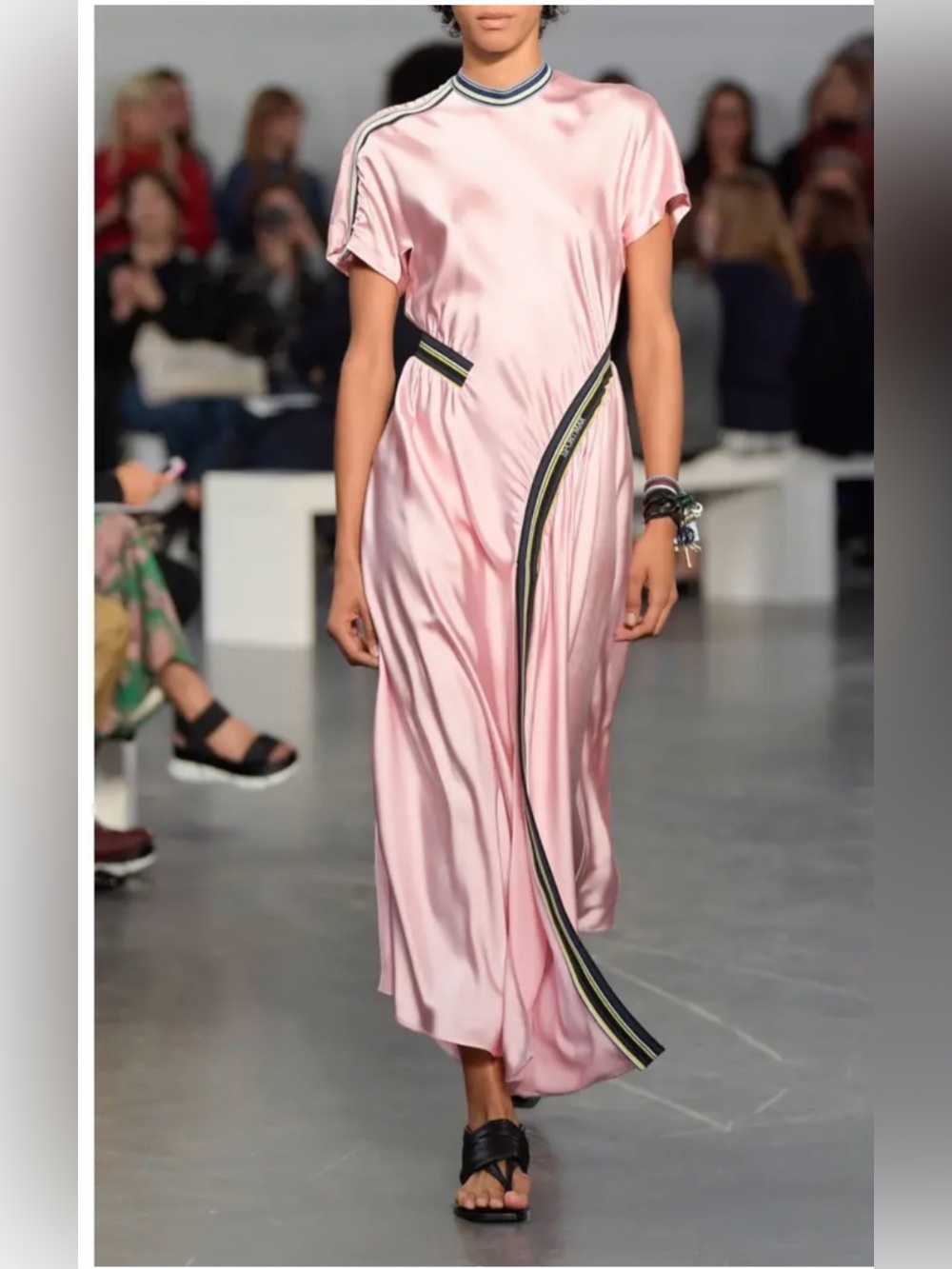 Sportmax Pink Satin Maxi Dress with Black-Trim Accents